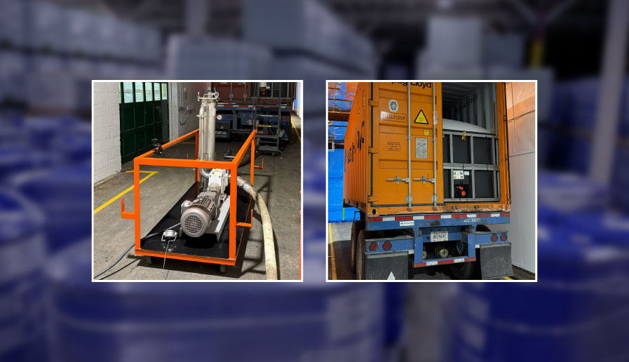 Image of a flexi-tank being offloaded on a loading dock